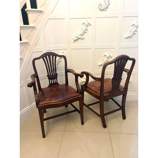 Antique Victorian Hepplewhite Mahogany Shield Back Dining Chairs with Carvers in Tan Leather, 1890, Set of 8 For Sale - Image 6 of 18