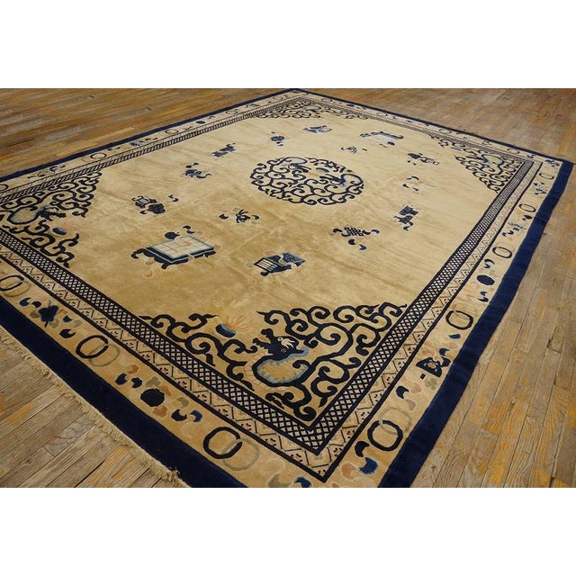 Textile Great Tan and Navy Blue Color With Animalia and Figurative Design Vintage Chinese Peking Rug For Sale - Image 7 of 9