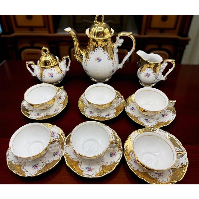 Ceramic German Gilded Porcelain Service with Floral Motifs for 6, 1960s, Set of 15 For Sale - Image 7 of 12