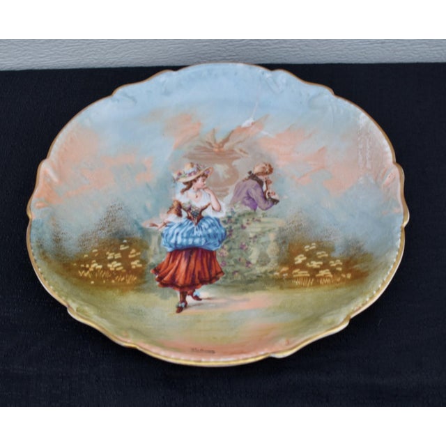 1920s Antique LRL Limoges France Hand Painted Plate Courting Couple Signed Valentin For Sale - Image 5 of 14