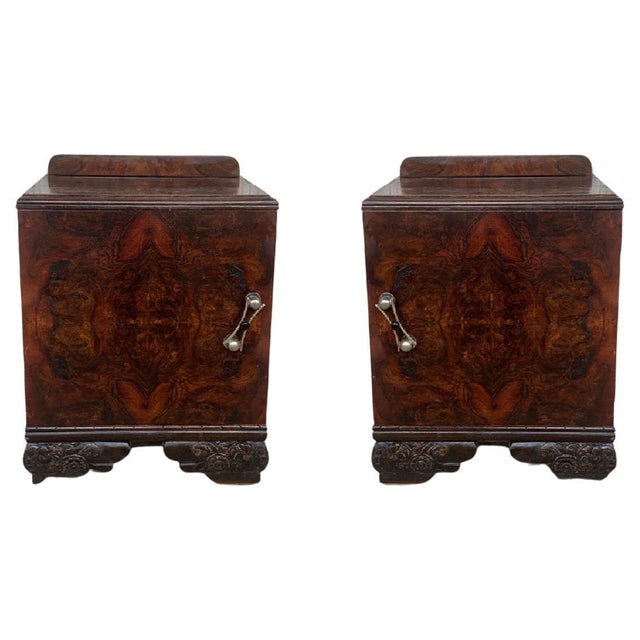 Early 20th Century Pair of Art Deco Side Cabinets or Nightstands with Carved Ebonized Base For Sale - Image 9 of 18