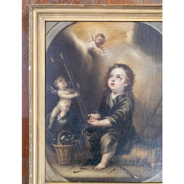 Traditional 17/18th C. Spanish School Painting of Boy With Passion Attributes, Follower of Bartolomeo Esteban Murillo For Sale - Image 3 of 18