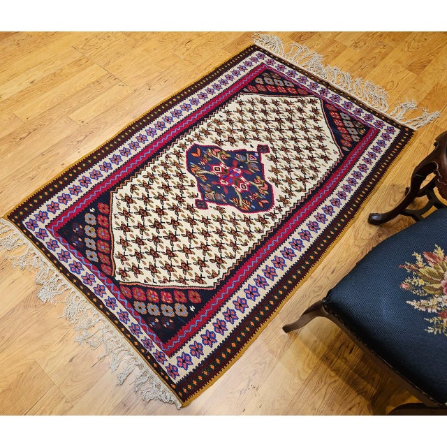 Persian Vintage Persian Senneh Kilim Area Rug, Handwoven Wool, Floral Pattern, Ivory & Red, 3x5 For Sale - Image 3 of 15