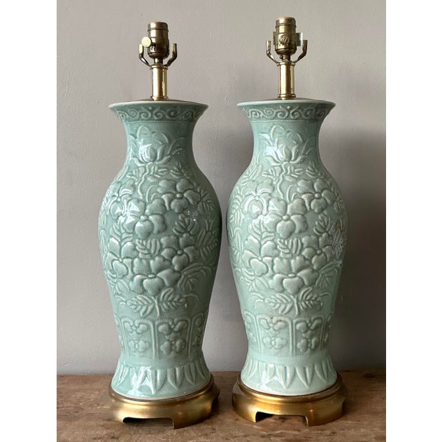 Metal Vintage Boho Maitland Smith Celadon Lamp For Sale - Image 7 of 12