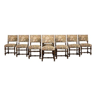 French Louis XIII Style Oak Barley Twist Dining Chairs W/ Floral Tapestry - Set of 8 For Sale