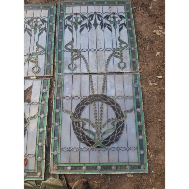 Two Sets of Art Nouveau Style Floral and Ribbon or Wreath Motifs, Complete With Green and White Opalescent/Textured Glass and Jewel Accents For Sale In Little Rock - Image 6 of 6