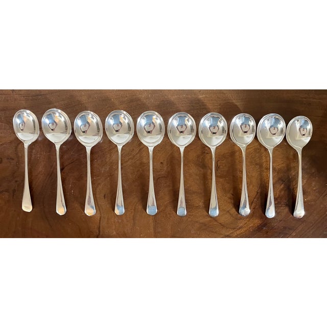 Set 10 antique English EPNS silver plate cream soup or table spoons. An assembled matching set with various makers...