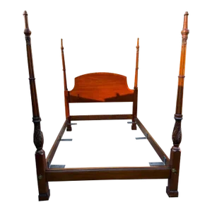 Vintage Mahogany Inlaid Rice Carved Four Poster Queen Bed Frame