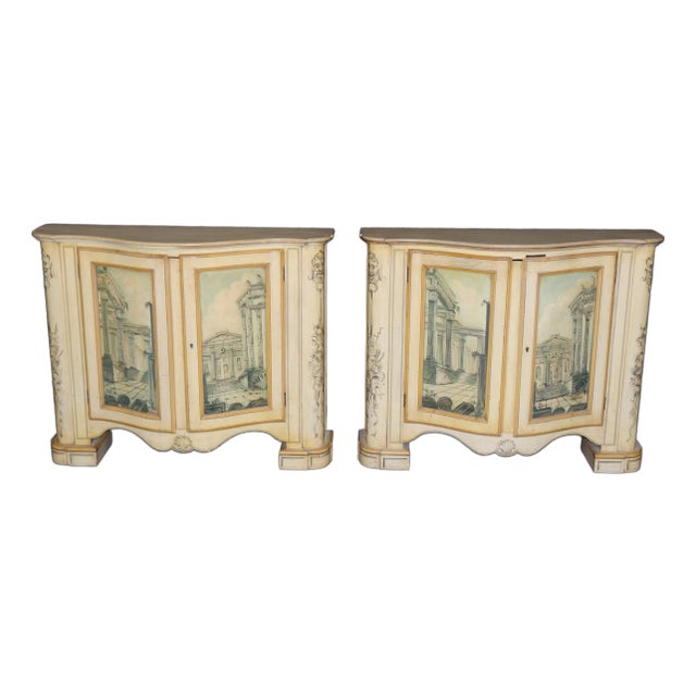 Pair of Painted Roman Scenery Shallow Depth Side Cabinets Console Tables For Sale