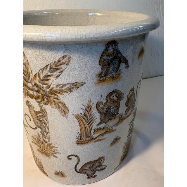 Mid 20th Century Vintage Amita Chinoiserie Porcelain Monkey Motif Cachepot For Sale - Image 5 of 7
