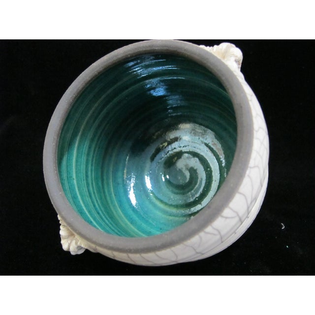 White Raku Fired Crackle Glaze Studio Art Pottery Lidded Vessel Jar Signed For Sale - Image 8 of 10