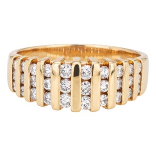 Vintage Diamond Ring Sz 4.75 Ribbed Wide Band 14k Yellow Gold Fine Jewelry For Sale