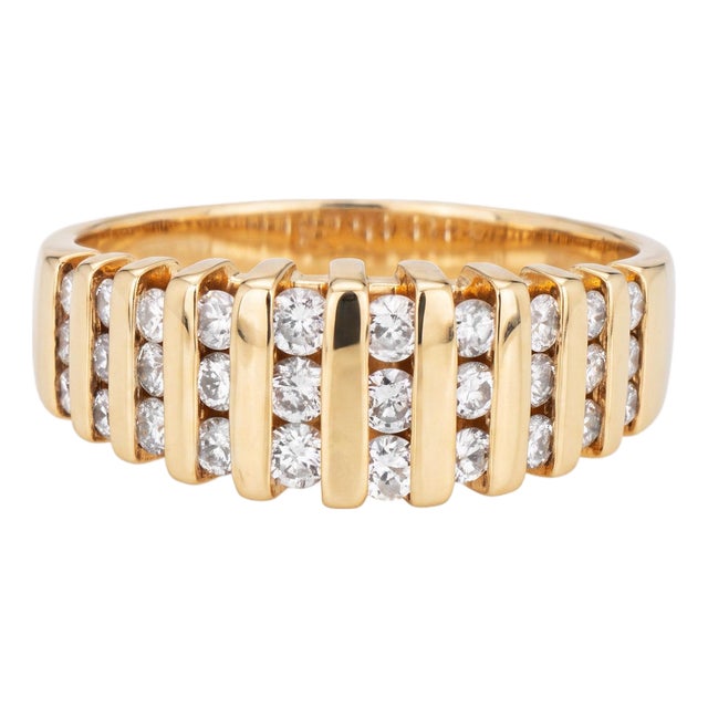 Vintage Diamond Ring Sz 4.75 Ribbed Wide Band 14k Yellow Gold Fine Jewelry For Sale