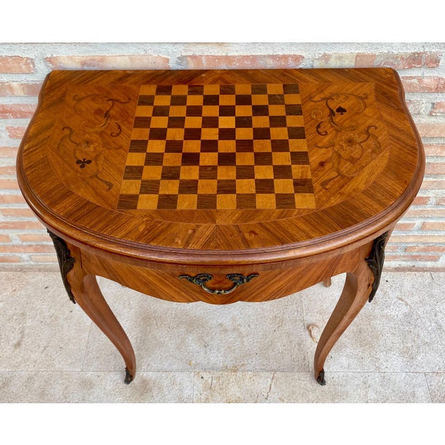 Wood French Demi Lune Folding Card or Console Table with Baize Top, 1900s For Sale - Image 7 of 18