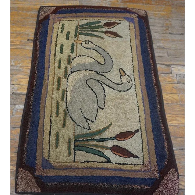 Unique White Ivory Color With Special Animalia Pattern Vintage Pictorial American Hooked Rug For Sale - Image 4 of 11
