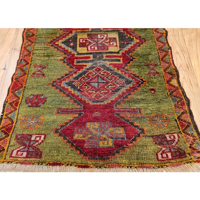 Textile Antique Turkish Oushak Area Rug, Handwoven Wool, Geometric, Green & Red, 2' x 3' For Sale - Image 7 of 11