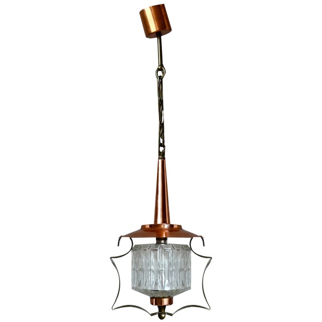 Midcentury Pendant Lamp in Glass and Copper Metal, 1950 For Sale