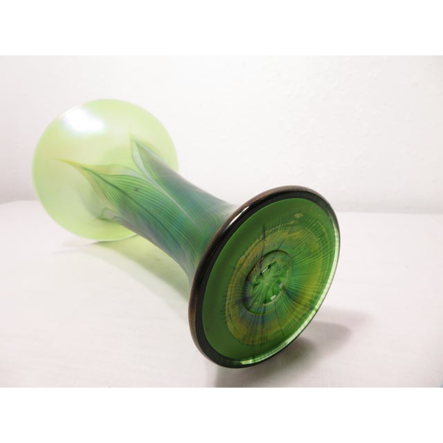 Signed Lundberg Studios Magnolia Pulled Feather Leaf Art Glass Vase Iridescent For Sale - Image 9 of 16