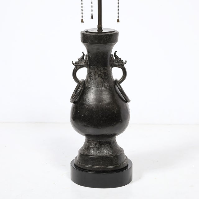 Pair of Mid-Century Iron Dragon Amphora Chinoiserie Table Lamps W/ Ring Details For Sale - Image 10 of 15
