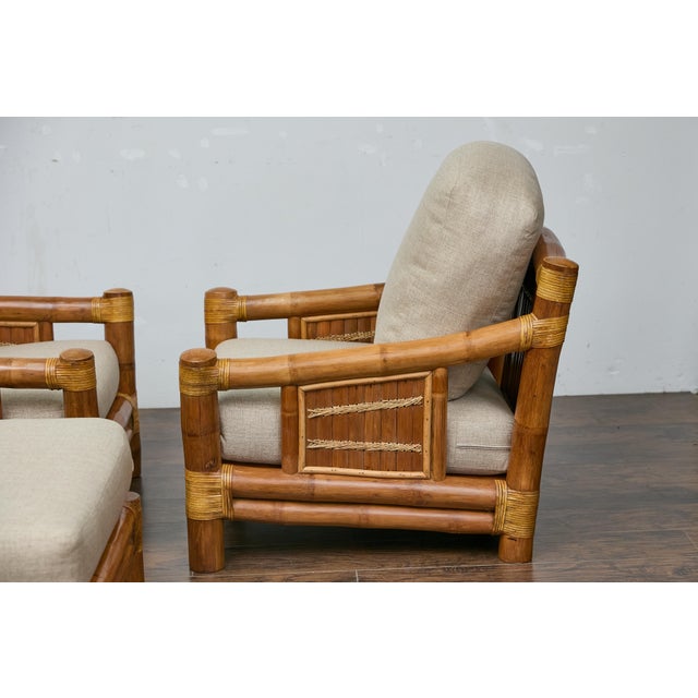 Midcentury Bamboo Lounge Chairs with Ottoman, Rattan Accents, and Linen Fabric For Sale - Image 9 of 12