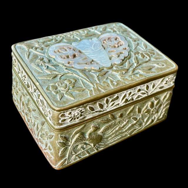 Chinese Antique Chinese Incised Brass Box With Carved Jade Inset For Sale - Image 3 of 11