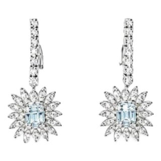 Mid 20th Century 18k White Gold Pave Diamond Sunflower Drop Earrings Estate, Pair For Sale