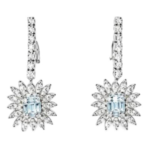 Mid 20th Century 18k White Gold Pave Diamond Sunflower Drop Earrings Estate, Pair For Sale