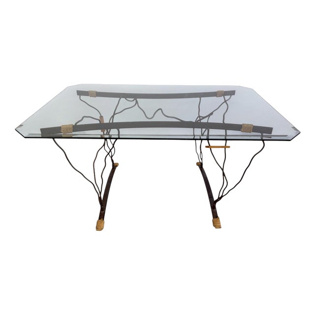 Vintage Organic Wrought Iron and Glass Dining Table, 1970s For Sale