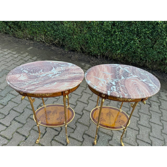 1980 French Louis XVI Gold Mahogany Marble Side Tables 2pc For Sale - Image 15 of 17