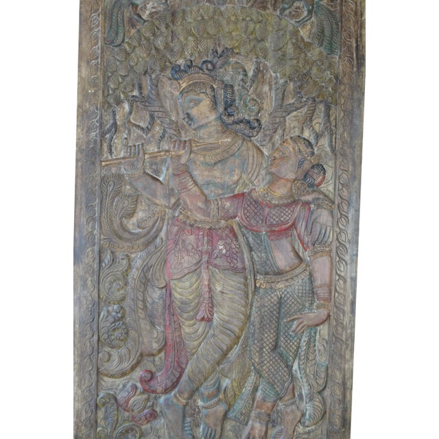 Vintage Radha Krishna Carved Wall Panel – Colorful Indian Art Barn Door Décor 96x40 For Sale In Orlando - Image 6 of 10