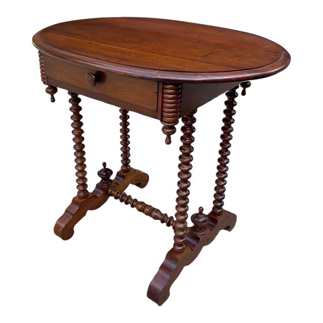 Antique Walnut Wood Spindle Leg Side Table Pass Through Drawer For Sale