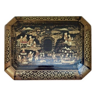 19th-Century Chinese Export Black and Gilt Lacquer Wood Box For Sale