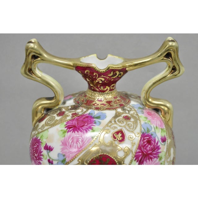 Antique Nippon Moriage Porcelain Twin Handle Ball Vase W/ Hand Painted Roses For Sale - Image 10 of 14