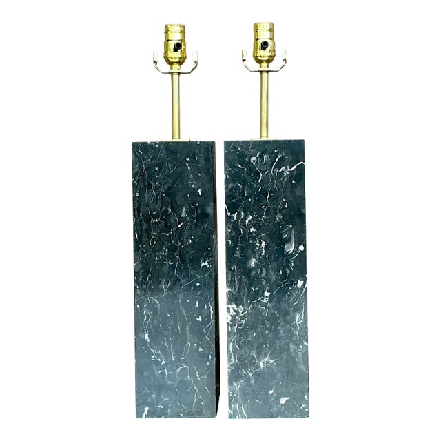 Vintage Boho Solid Black Marble Lamps - a Pair For Sale