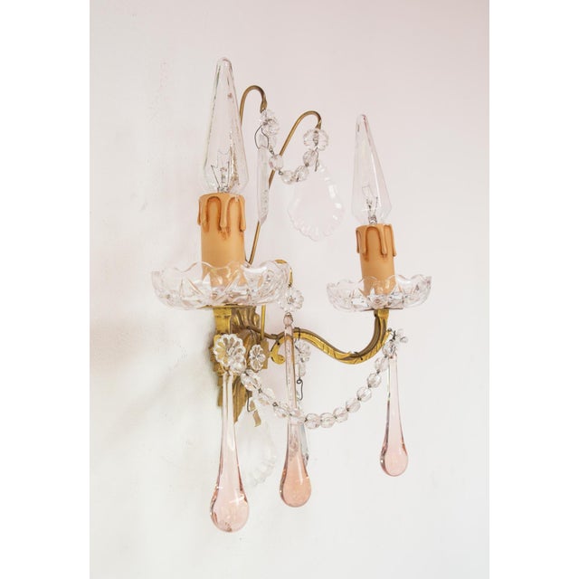Vintage French Wall Sconce in Brass with Pink or Blue Glass Drops, 1960s For Sale - Image 3 of 7
