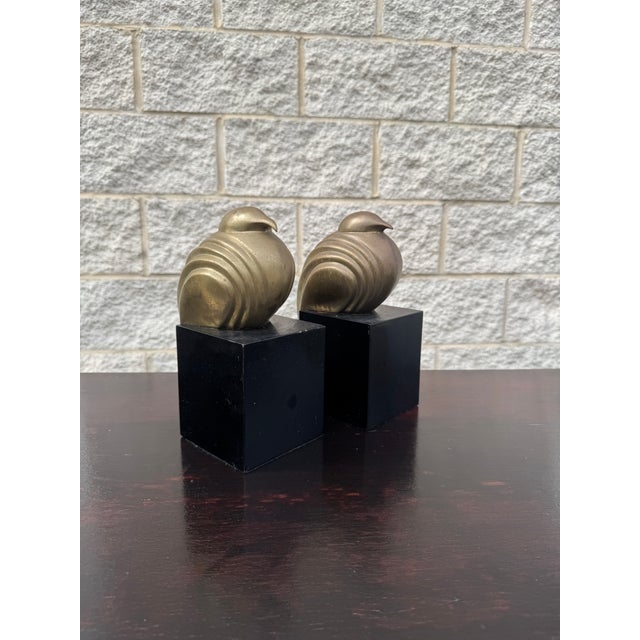 Vintage Sculptural Brass Bird Bookends on Black Bases, Pair For Sale - Image 4 of 12