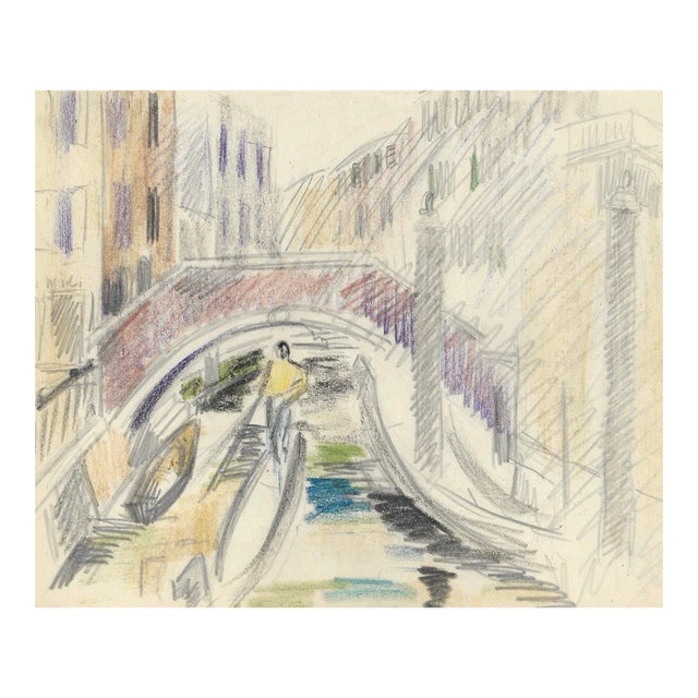 1940s Grace Spongberg Venetian Canal Bridge and Gondola Drawing For Sale
