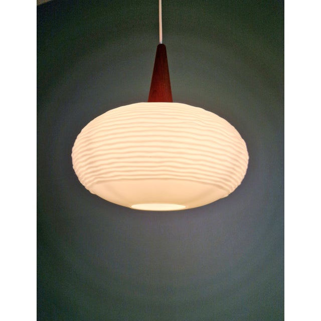 Vintage Pendant Light in White Opaline and Teak, 1960 For Sale - Image 4 of 12