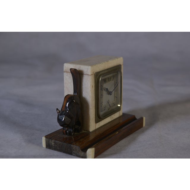 1930s Art Deco Macassar Ebony and Marble Alarm Clock with Small Ebony Cat from Bayart, 1930s For Sale - Image 5 of 10