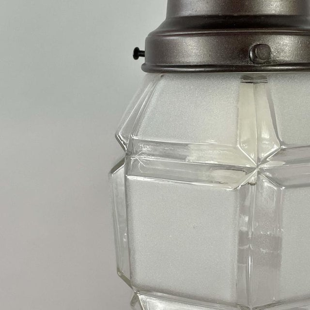 Secessionist Brass Semi Flush Mount in Frosted Glass and Burnished, 1920s For Sale - Image 8 of 14