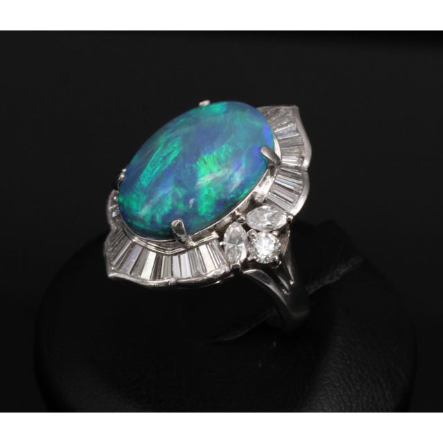 Late 20th Century Fine 7.41ct Natural Untreated Black Opal 2.06ct Diamond Platinum Ring Size 6 For Sale In New York - Image 6 of 18