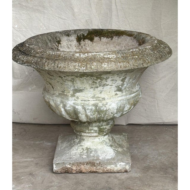 A substantial mid-century cast stone garden urn with classical fluted body and square plinth base. The surface shows...