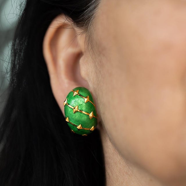 Vintage 18k Tiffany & Co. Schlumberger Green Enamel “Paillone” Earrings
