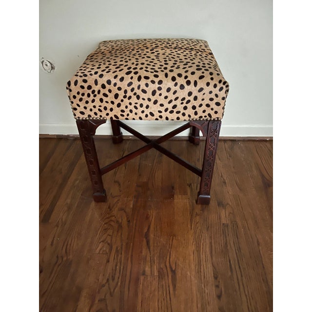 Chinese Pair of 1980s Henredon Attributed Mahogany Benches Upholstered in Faux Leopard Leather With Brass Nailheads For Sale - Image 3 of 8