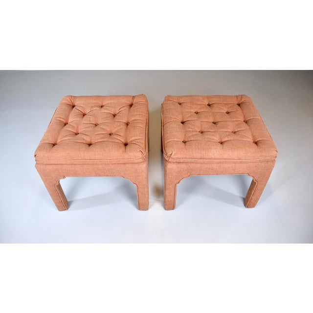 A pair of vintage 1970's Parsons ottomans after designer Billy Baldwin, of solid wood construction with reverse pagoda...