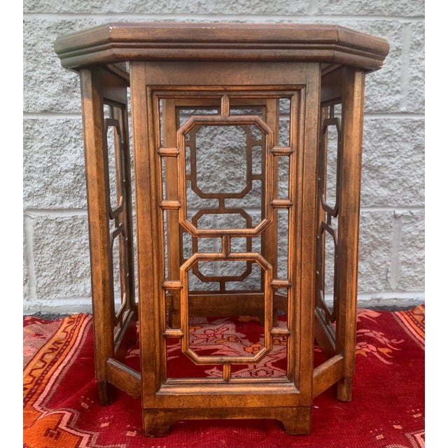 Geometric Wooden Fretwork and Glass Side Table For Sale - Image 11 of 11