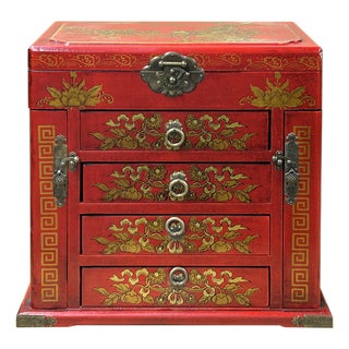 Chinese Oriental Red Flower Birds Mirror Rectangular Jewelry Box For Sale