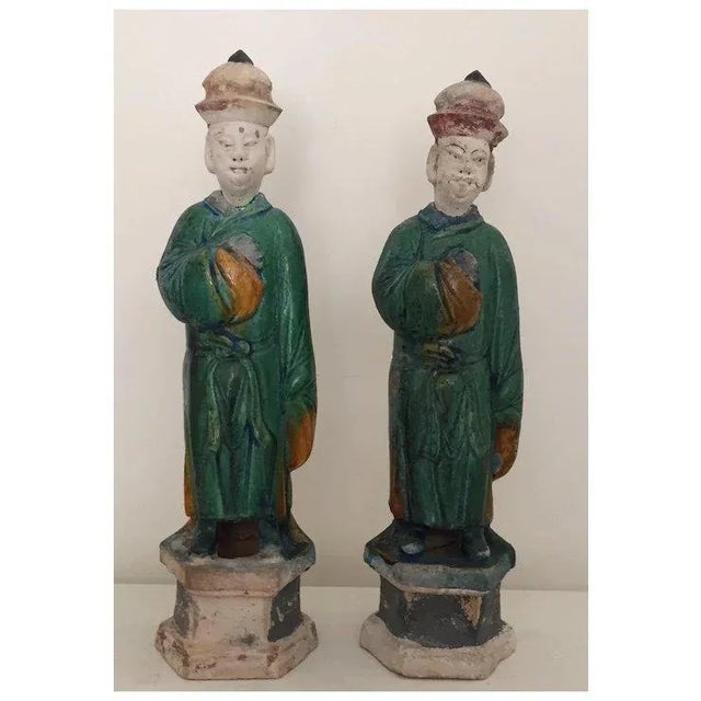 Figurative Tall Pair Antique Chinese Ming Style Glazed Pottery Tomb Figures of Grooms With Removable Heads For Sale - Image 3 of 10