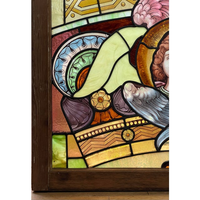 19th Century Stained Glass Window With Painted Angel Portrait in Original Frame For Sale In Philadelphia - Image 6 of 17