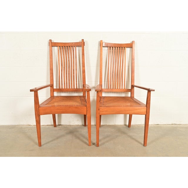 Stickley Style Arts & Crafts Teak and Cane Armchairs, Pair For Sale - Image 13 of 13